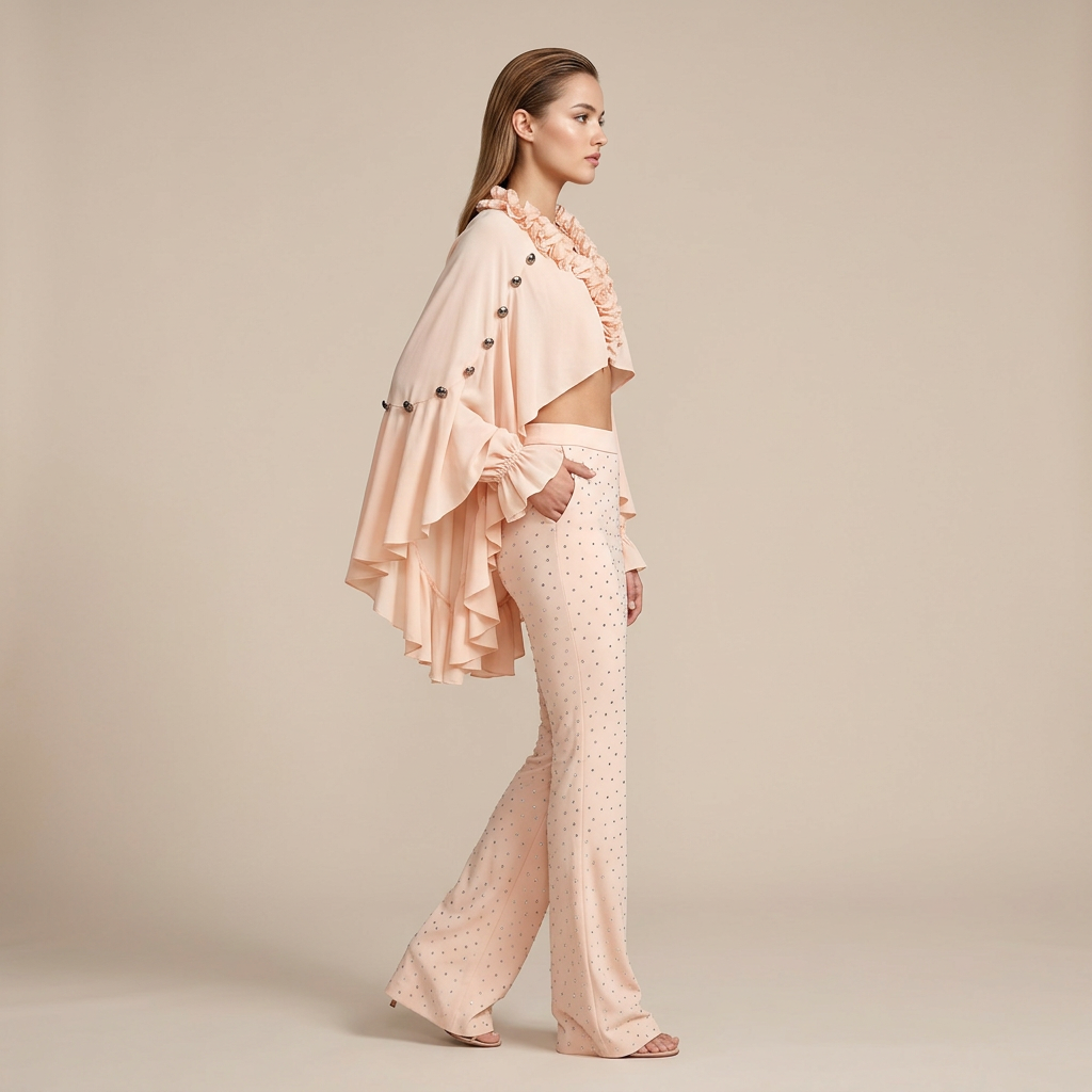 Ruffle Chiffon Shawl Top and Rhinestone Flared Pants Set for Friday Night Vibes and Effortless Elegance Women-Vyana Collective