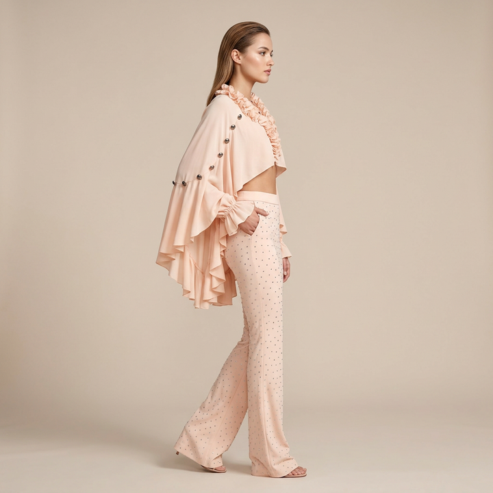 Ruffle Chiffon Shawl Top and Rhinestone Flared Pants Set for Friday Night Vibes and Effortless Elegance Women-Vyana Collective