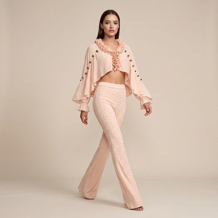 Ruffle Chiffon Shawl Top and Rhinestone Flared Pants Set for Friday Night Vibes and Effortless Elegance Women-Vyana Collective