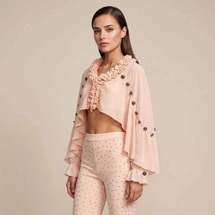 Ruffle Chiffon Shawl Top and Rhinestone Flared Pants Set for Friday Night Vibes and Effortless Elegance Women-Vyana Collective