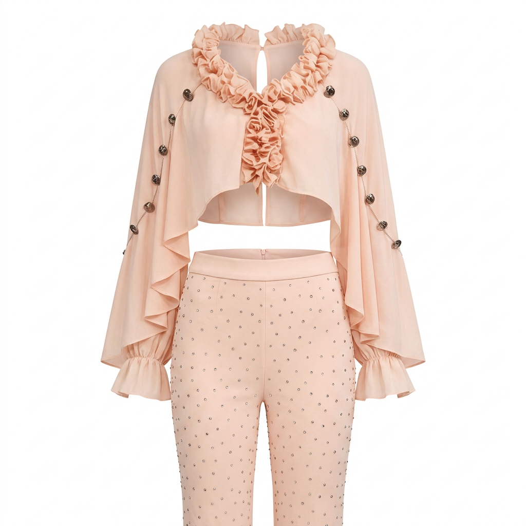 Ruffle Chiffon Shawl Top and Rhinestone Flared Pants Set for Friday Night Vibes and Effortless Elegance Women-Vyana Collective