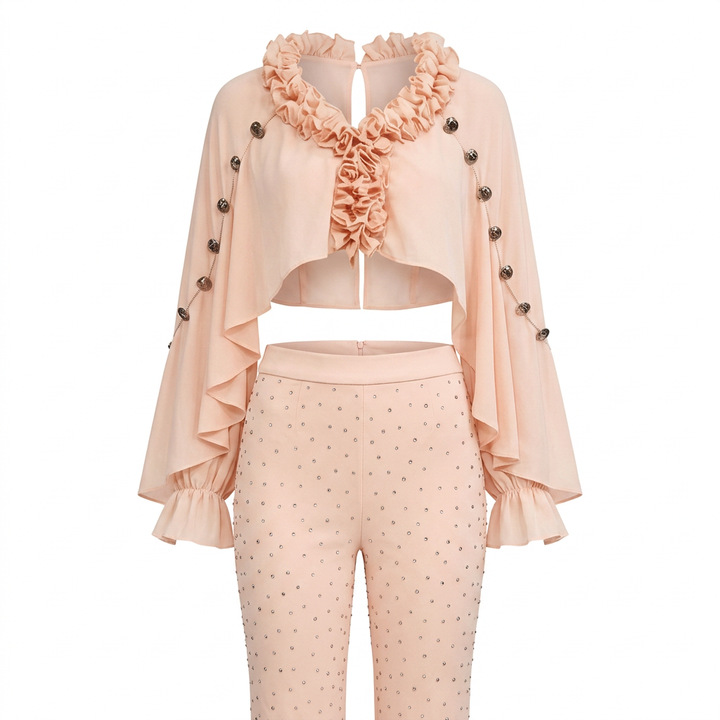 Ruffle Chiffon Shawl Top and Rhinestone Flared Pants Set for Friday Night Vibes and Effortless Elegance Women-Vyana Collective