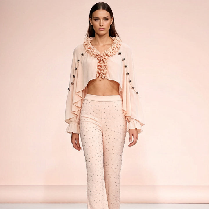 Ruffle Chiffon Shawl Top and Rhinestone Flared Pants Set for Friday Night Vibes and Effortless Elegance Women-Vyana Collective