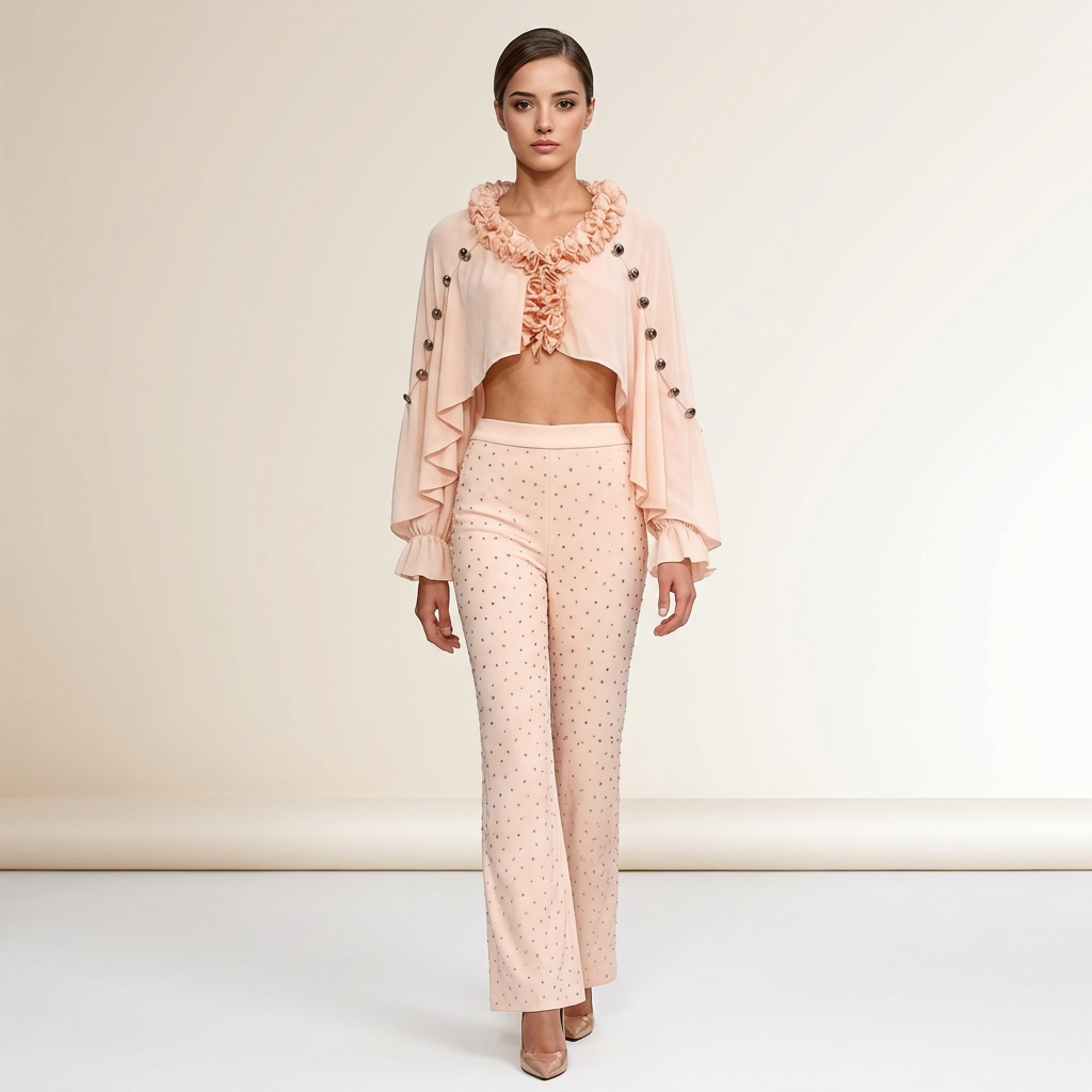 Ruffle Chiffon Shawl Top and Rhinestone Flared Pants Set for Friday Night Vibes and Effortless Elegance Women-Vyana Collective