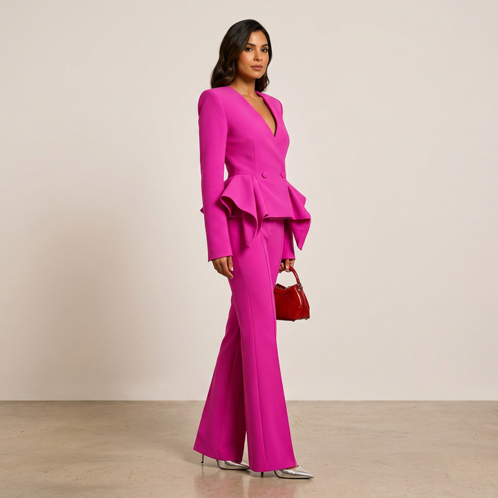 Ruffle Sleeve Tailored Blazer and Slightly Flared Pants Suit Set for Meetings Ready and Statement Elegance Women-Vyana Collective