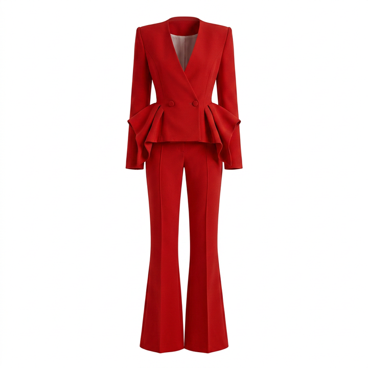 Ruffle Sleeve Tailored Blazer and Slightly Flared Pants Suit Set for Meetings Ready and Statement Elegance Women-Vyana Collective