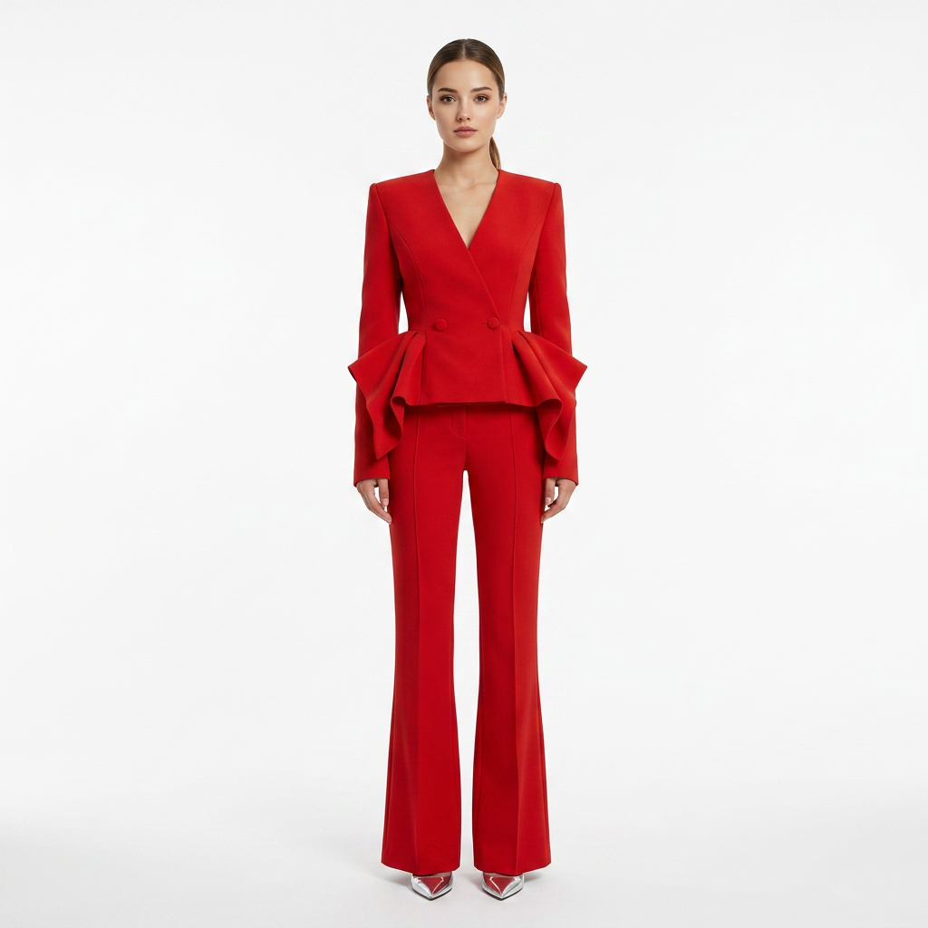 Ruffle Sleeve Tailored Blazer and Slightly Flared Pants Suit Set for Meetings Ready and Statement Elegance Women-Vyana Collective