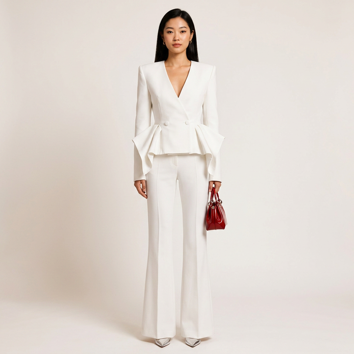 Ruffle Sleeve Tailored Blazer and Slightly Flared Pants Suit Set for Meetings Ready and Statement Elegance Women-Vyana Collective