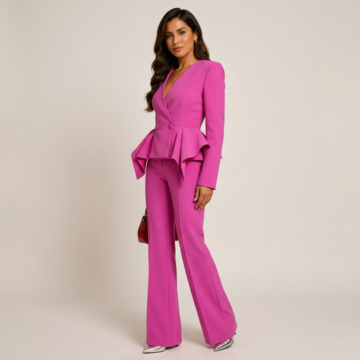 Ruffle Sleeve Tailored Blazer and Slightly Flared Pants Suit Set for Meetings Ready and Statement Elegance Women-Vyana Collective