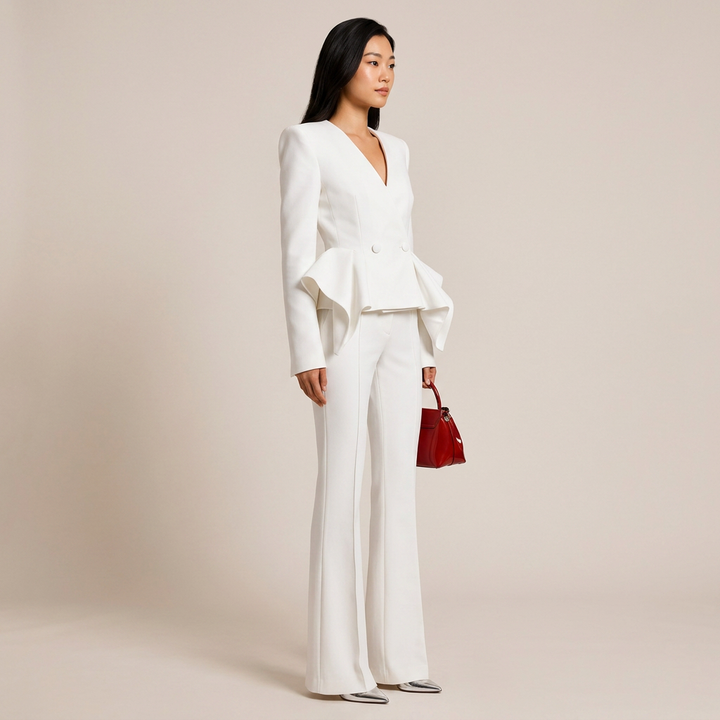 Ruffle Sleeve Tailored Blazer and Slightly Flared Pants Suit Set for Meetings Ready and Statement Elegance Women-Vyana Collective