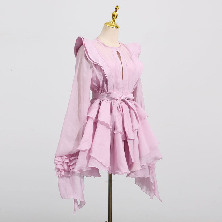 Ruffled Lantern Sleeve Belted Mini Dress-Vyana Collective