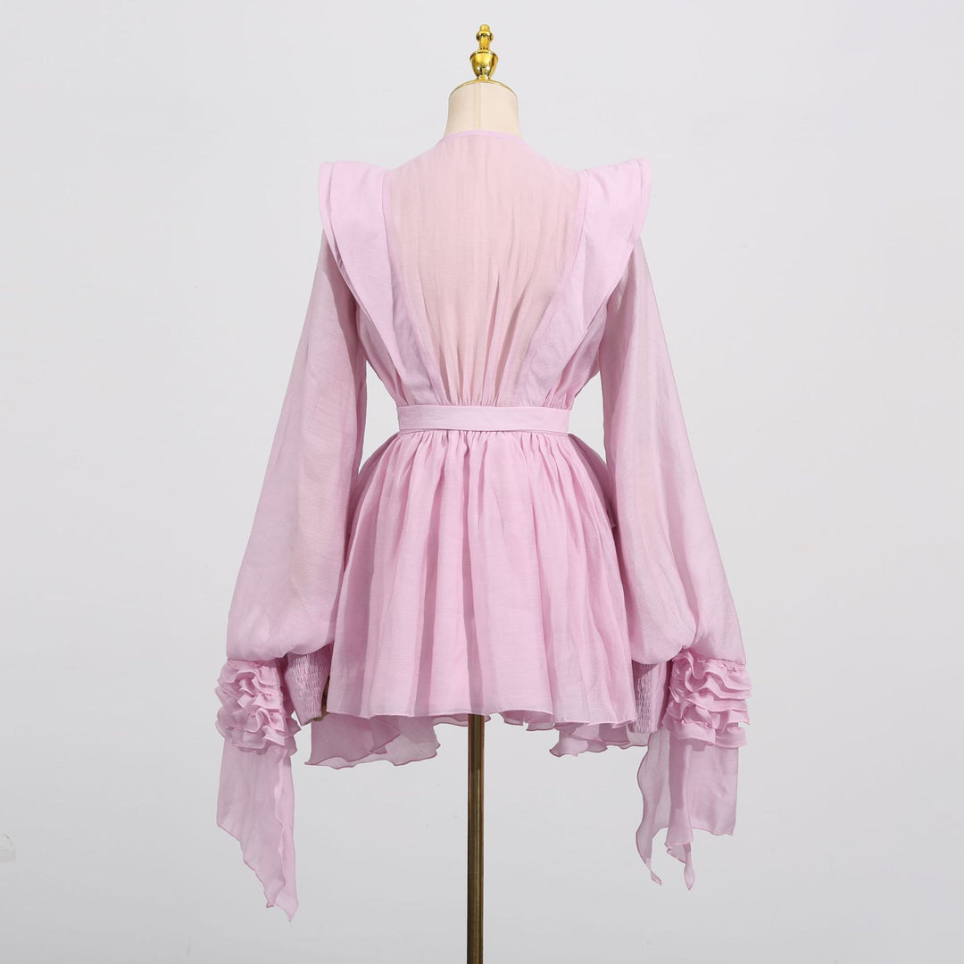 Ruffled Lantern Sleeve Belted Mini Dress-Vyana Collective