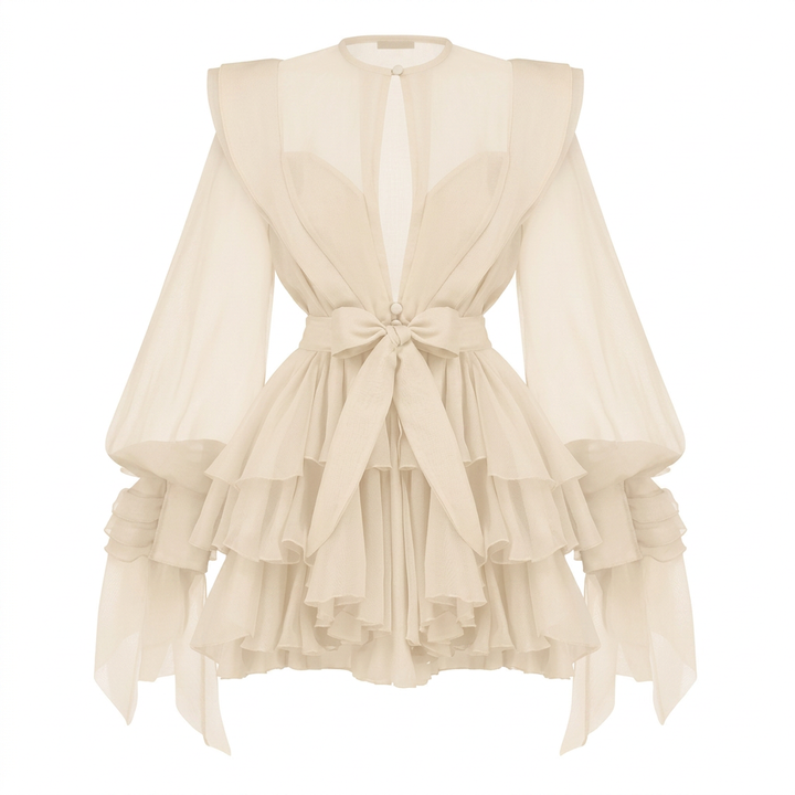 Ruffled Lantern Sleeve Belted Mini Dress-Vyana Collective