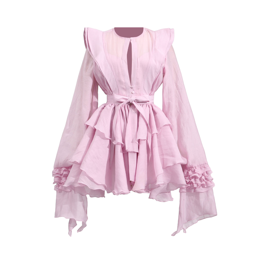 Ruffled Lantern Sleeve Belted Mini Dress-Vyana Collective