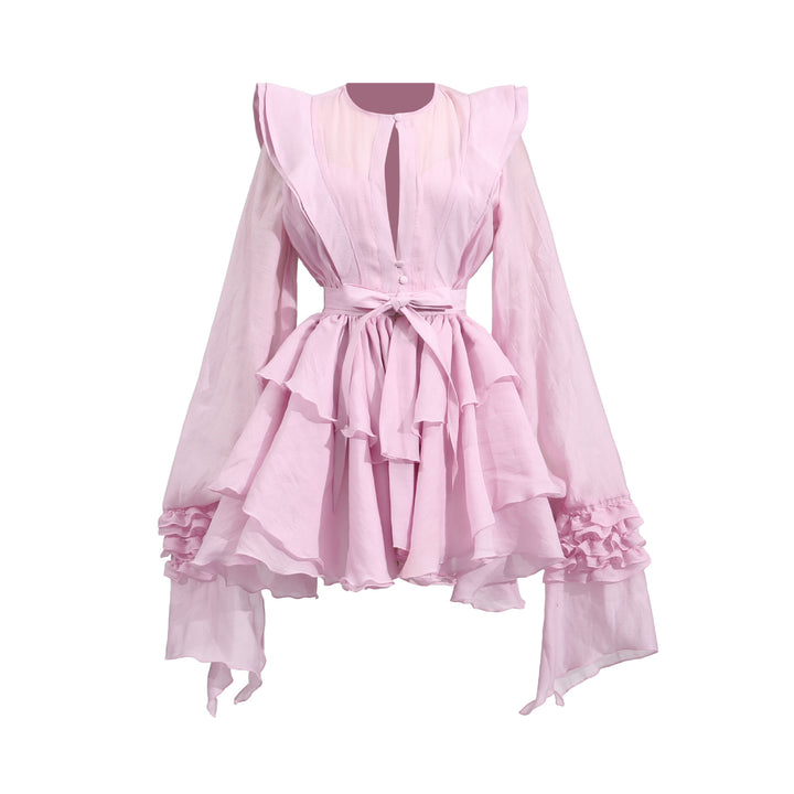 Ruffled Lantern Sleeve Belted Mini Dress-Vyana Collective