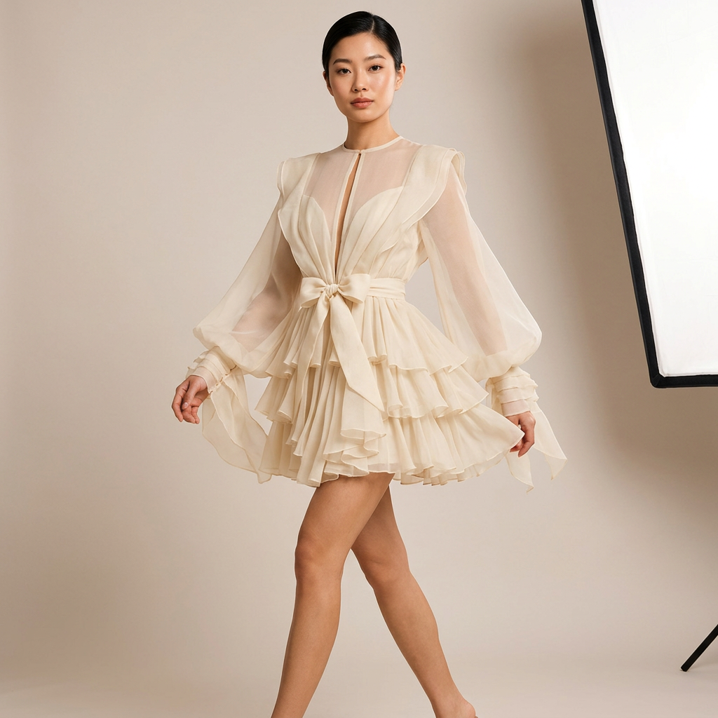 Ruffled Lantern Sleeve Belted Mini Dress-Vyana Collective