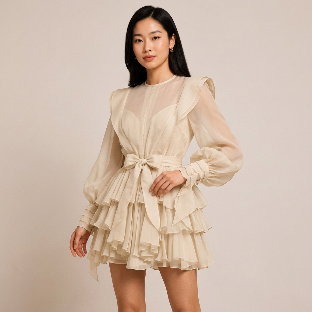 Ruffled Lantern Sleeve Belted Mini Dress-Vyana Collective