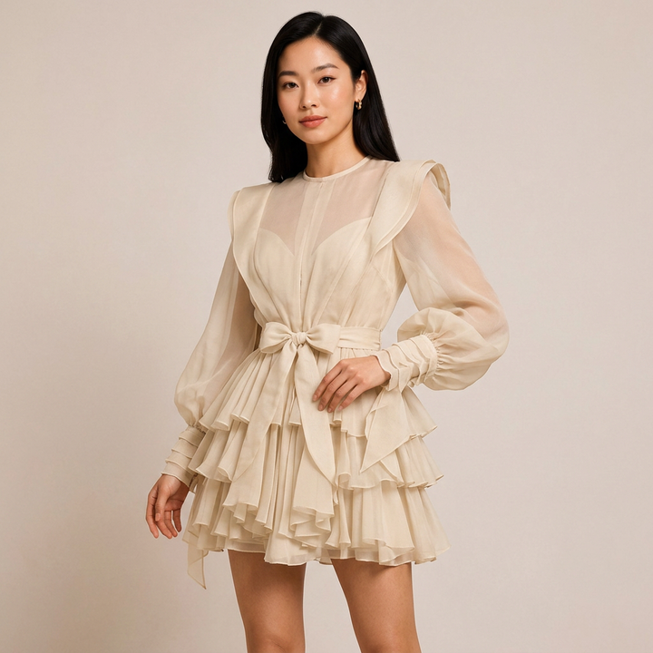 Ruffled Lantern Sleeve Belted Mini Dress-Vyana Collective