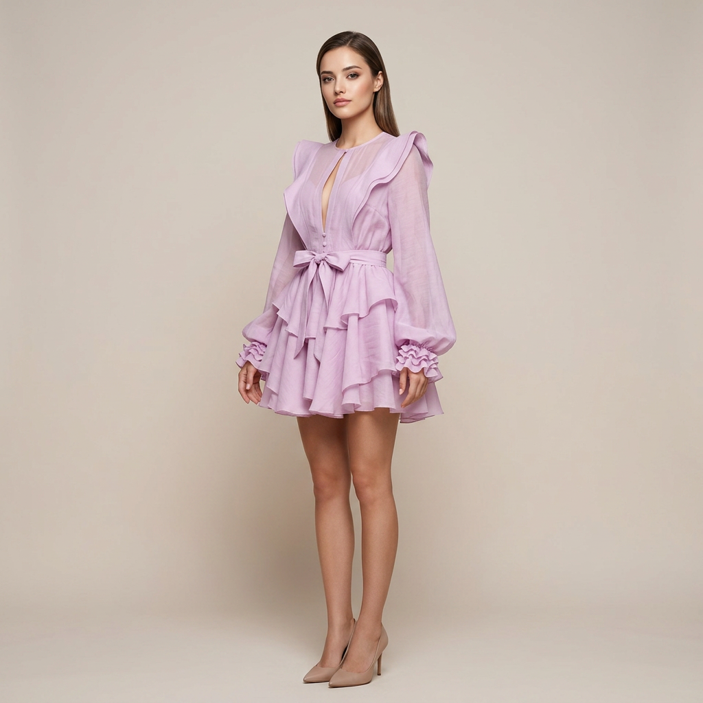 Ruffled Lantern Sleeve Belted Mini Dress-Vyana Collective