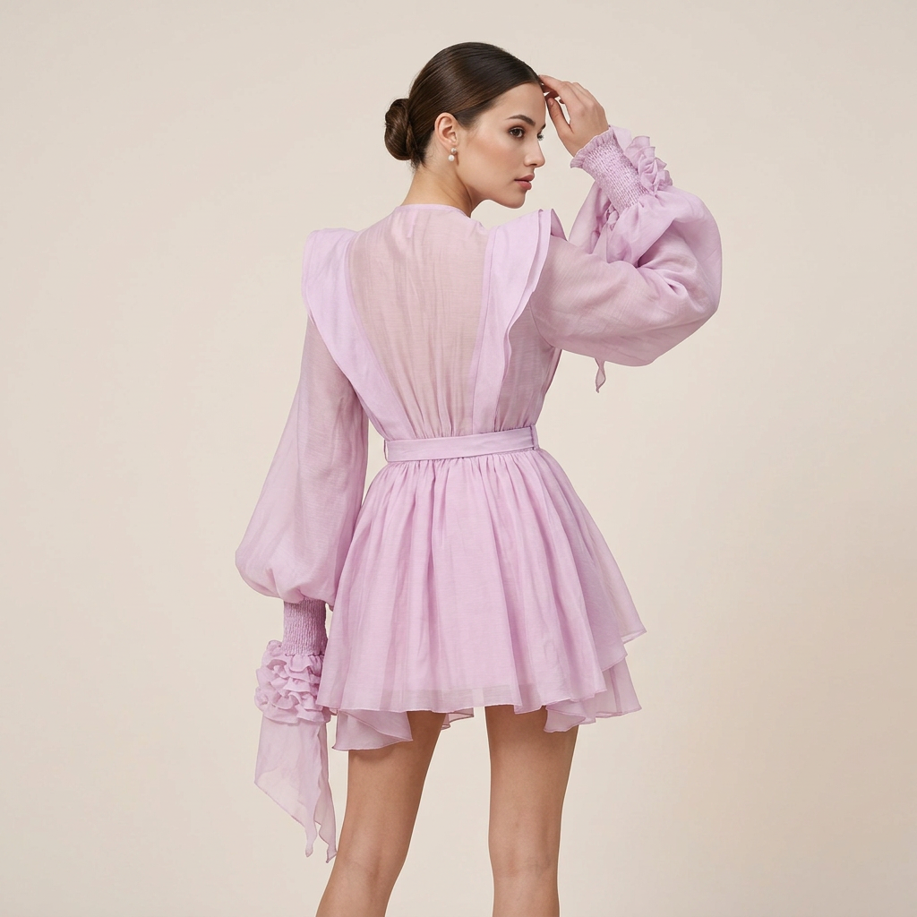 Ruffled Lantern Sleeve Belted Mini Dress-Vyana Collective