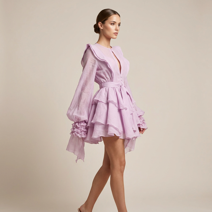 Ruffled Lantern Sleeve Belted Mini Dress-Vyana Collective