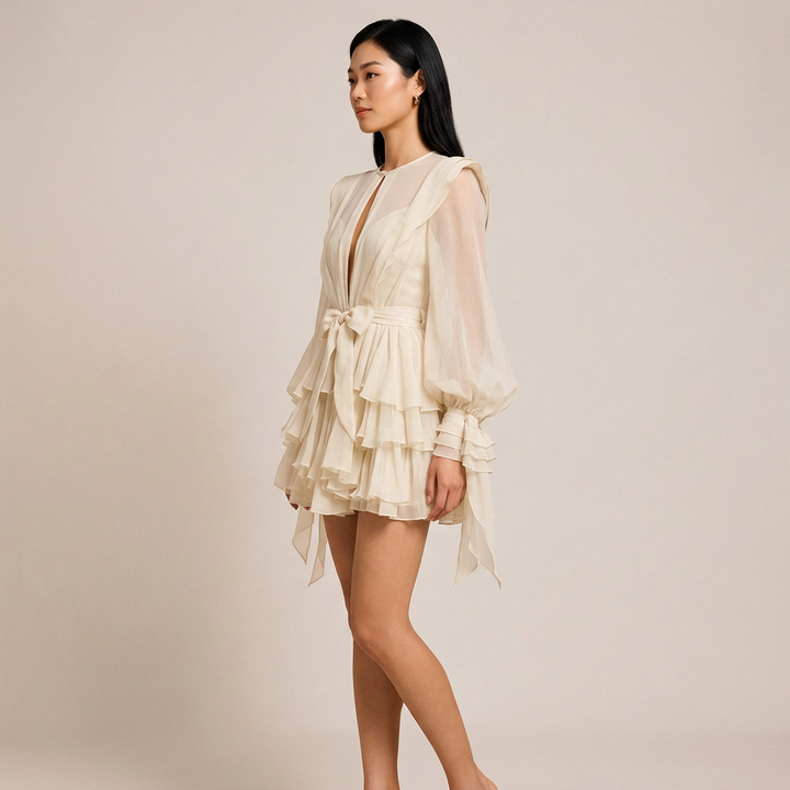 Ruffled Lantern Sleeve Belted Mini Dress-Vyana Collective