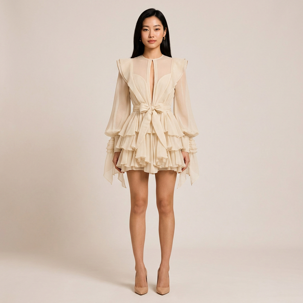 Ruffled Lantern Sleeve Belted Mini Dress-Vyana Collective