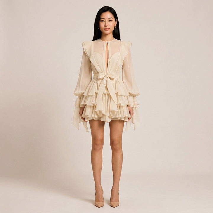 Ruffled Lantern Sleeve Belted Mini Dress-Vyana Collective