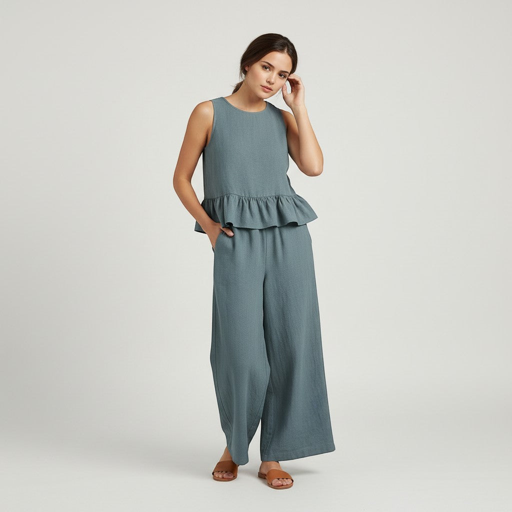 Ruffled Strap Top and High-Waisted Tie Pants Two-Piece Set-Vyana Collective