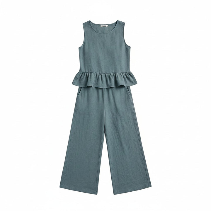 Ruffled Strap Top and High-Waisted Tie Pants Two-Piece Set-Vyana Collective
