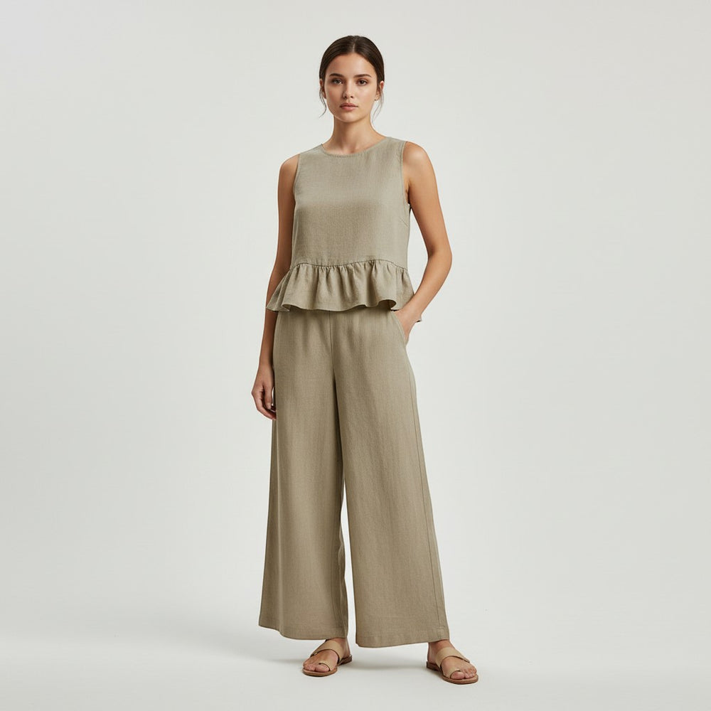 Ruffled Strap Top and High-Waisted Tie Pants Two-Piece Set-Vyana Collective