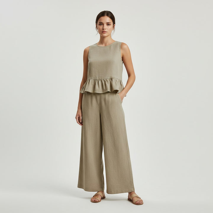 Ruffled Strap Top and High-Waisted Tie Pants Two-Piece Set-Vyana Collective
