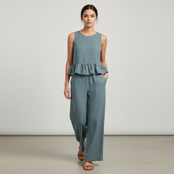 Ruffled Strap Top and High-Waisted Tie Pants Two-Piece Set-Vyana Collective