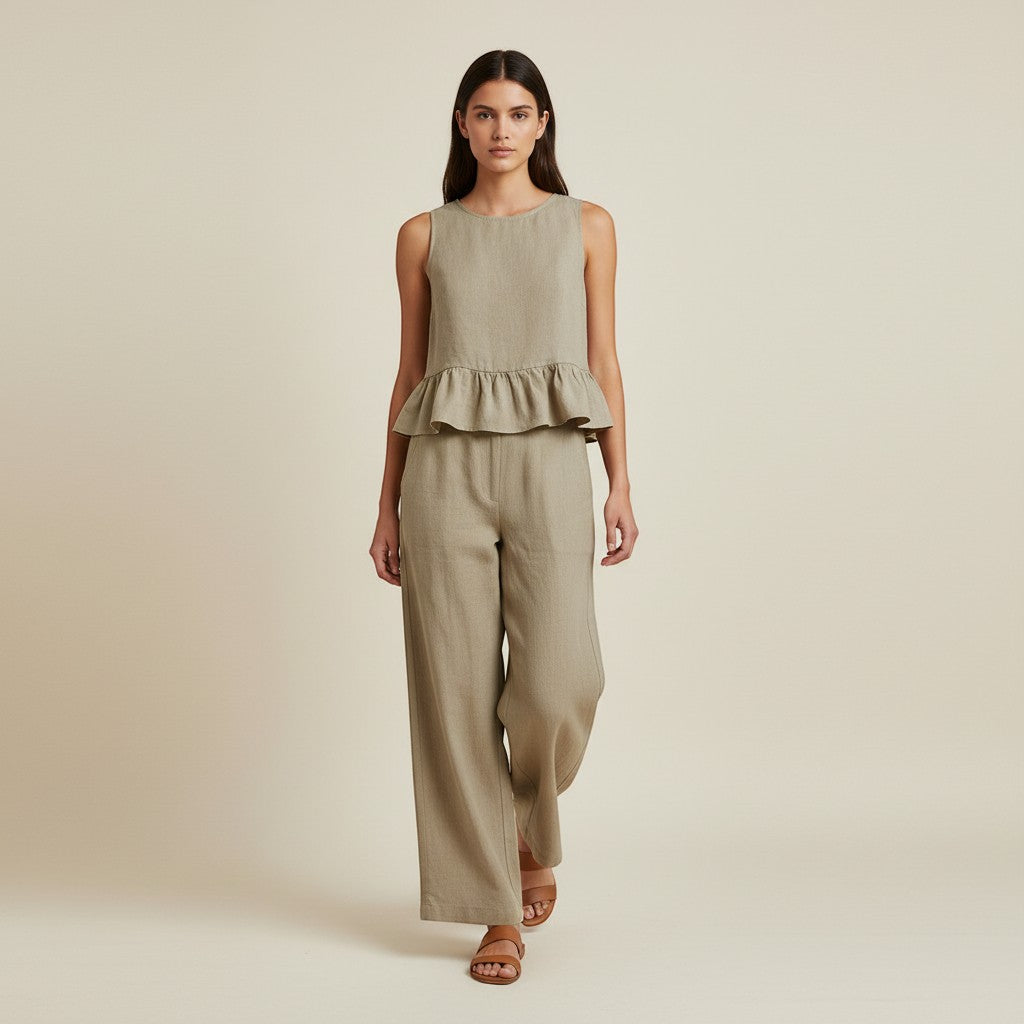 Ruffled Strap Top and High-Waisted Tie Pants Two-Piece Set-Vyana Collective