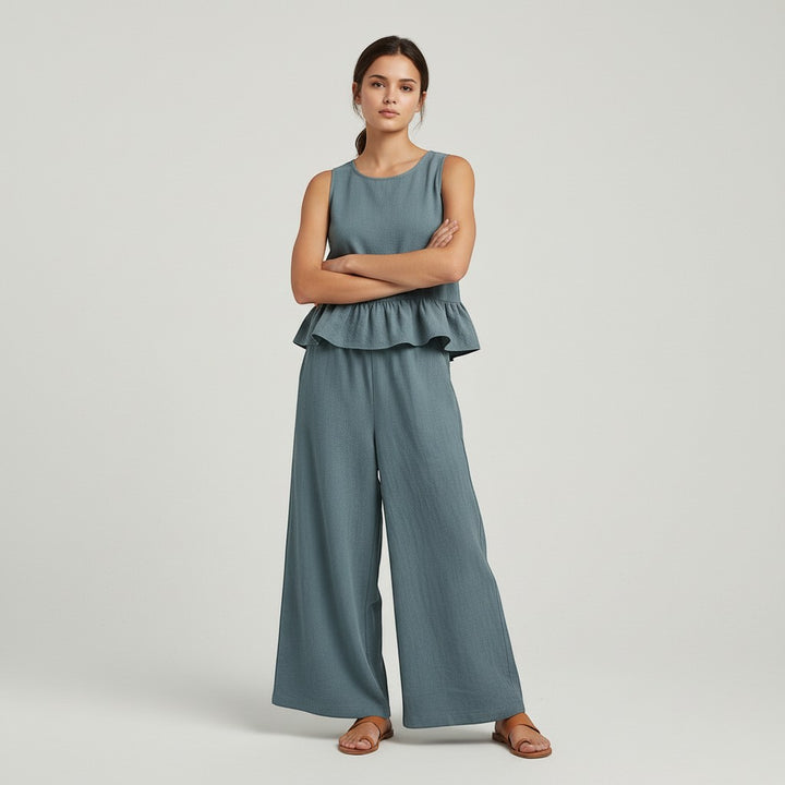 Ruffled Strap Top and High-Waisted Tie Pants Two-Piece Set-Vyana Collective