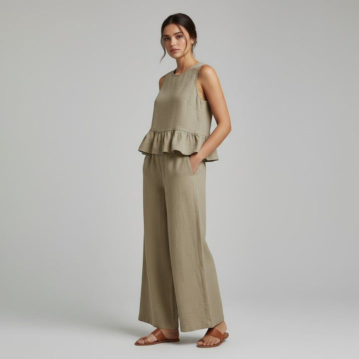 Ruffled Strap Top and High-Waisted Tie Pants Two-Piece Set-Vyana Collective