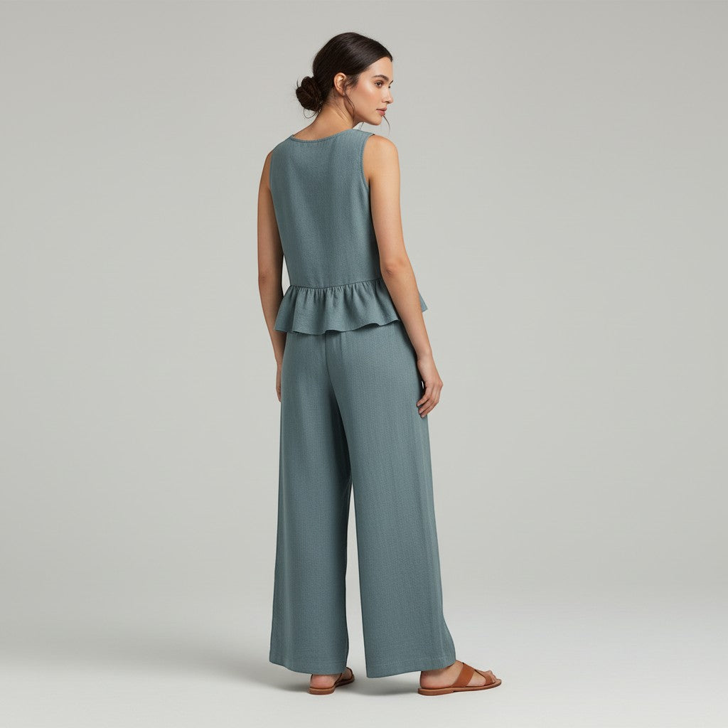 Ruffled Strap Top and High-Waisted Tie Pants Two-Piece Set-Vyana Collective