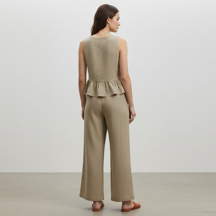 Ruffled Strap Top and High-Waisted Tie Pants Two-Piece Set-Vyana Collective