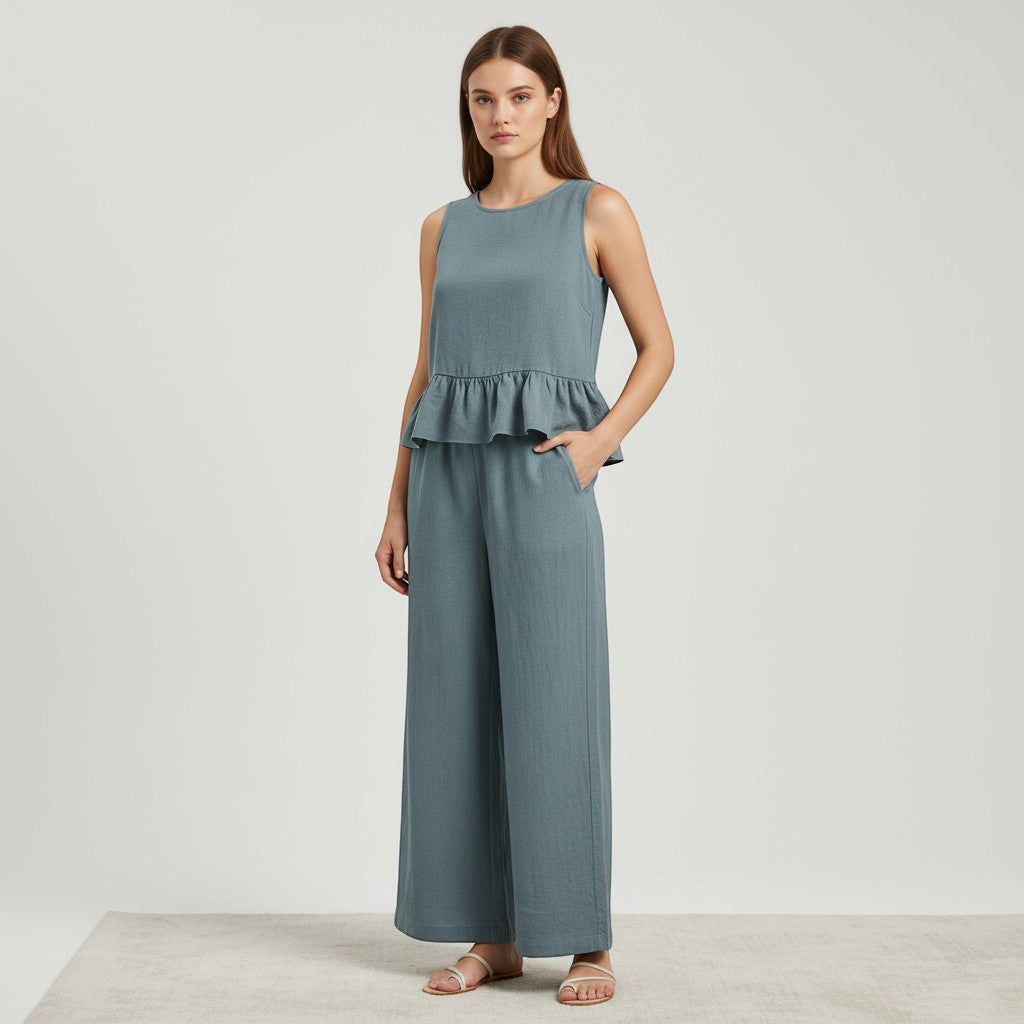 Ruffled Strap Top and High-Waisted Tie Pants Two-Piece Set-Vyana Collective