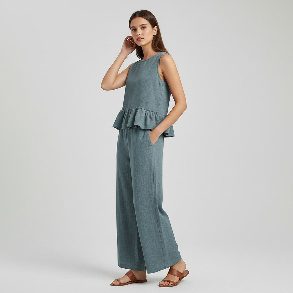 Ruffled Strap Top and High-Waisted Tie Pants Two-Piece Set-Vyana Collective