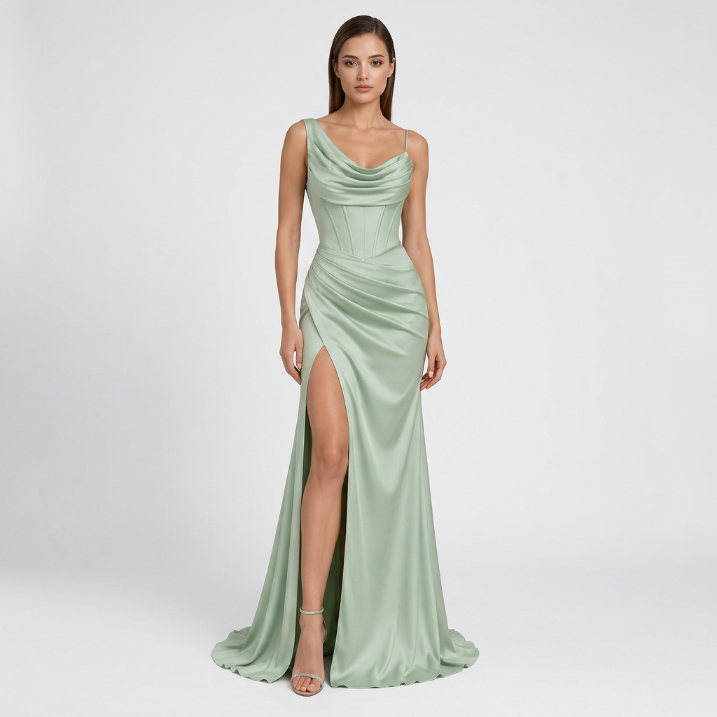 Sage Green Asymmetrical Draped Corset High-Slit Satin Mermaid Evening Gown-Vyana Collective