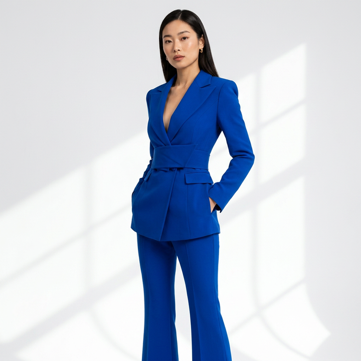 Sapphire Blue Belted Blazer and Flared Trousers Suit for Women-Vyana Collective