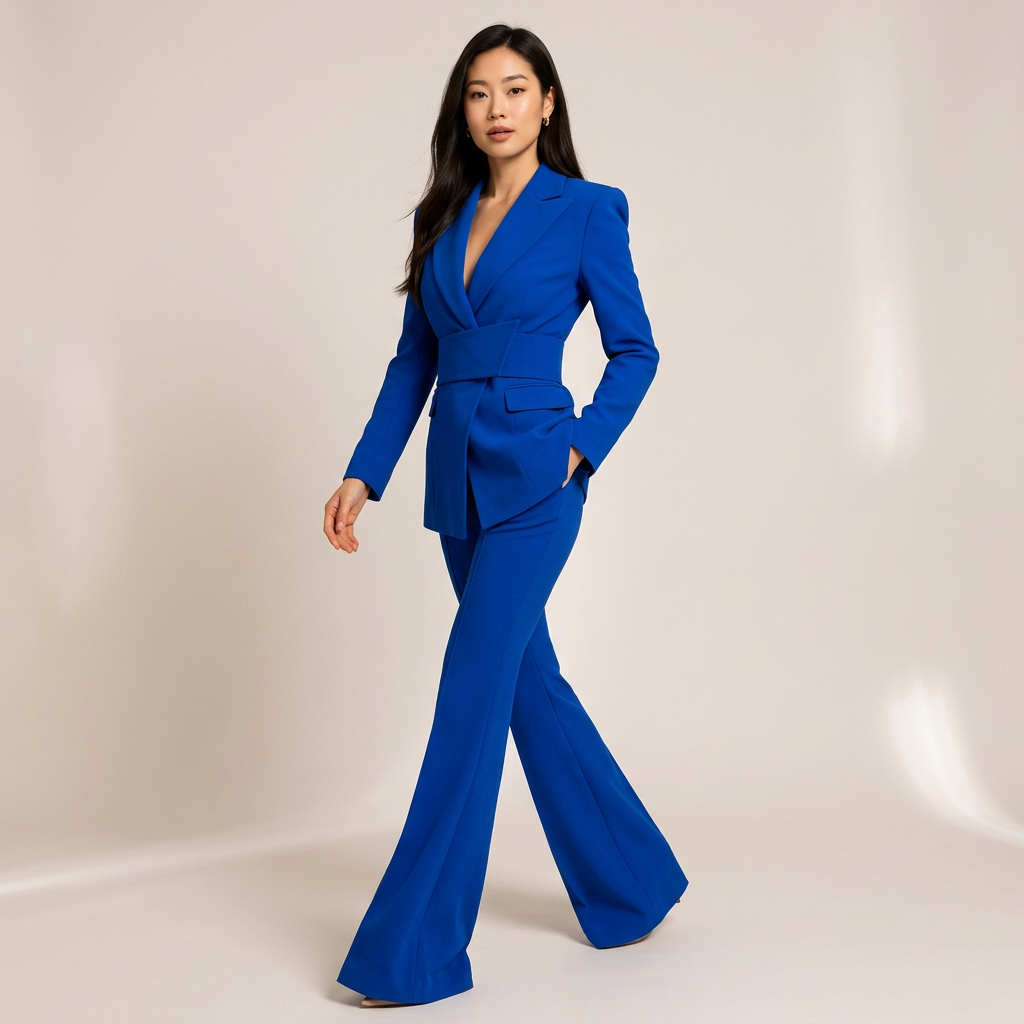 Sapphire Blue Belted Blazer and Flared Trousers Suit for Women-Vyana Collective