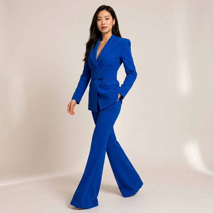 Sapphire Blue Belted Blazer and Flared Trousers Suit for Women-Vyana Collective