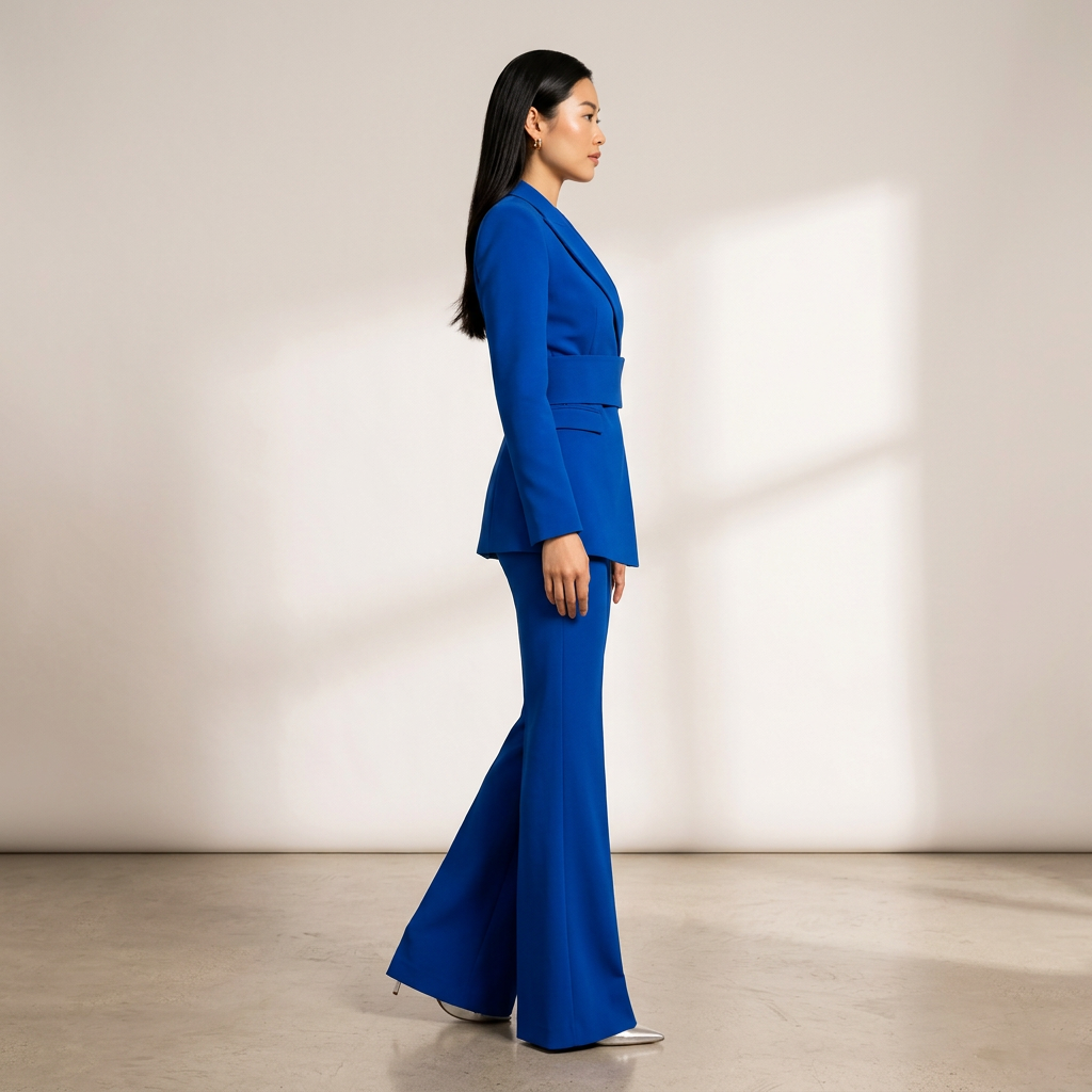 Sapphire Blue Belted Blazer and Flared Trousers Suit for Women-Vyana Collective