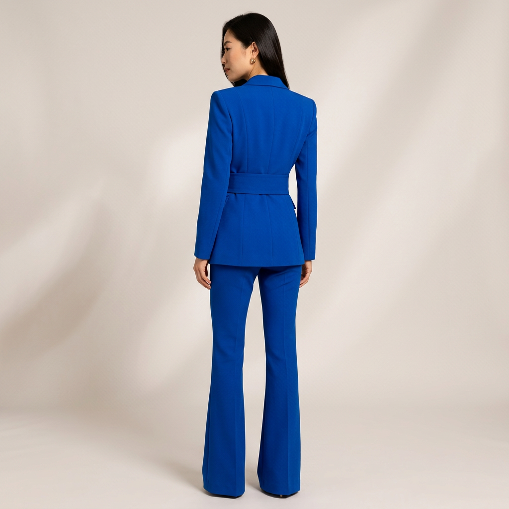 Sapphire Blue Belted Blazer and Flared Trousers Suit for Women-Vyana Collective