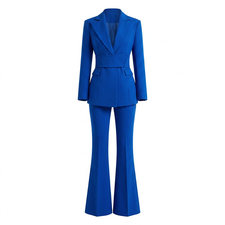 Sapphire Blue Belted Blazer and Flared Trousers Suit for Women-Vyana Collective