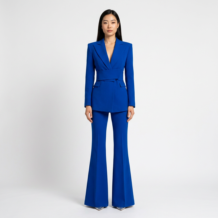 Sapphire Blue Belted Blazer and Flared Trousers Suit for Women-Vyana Collective