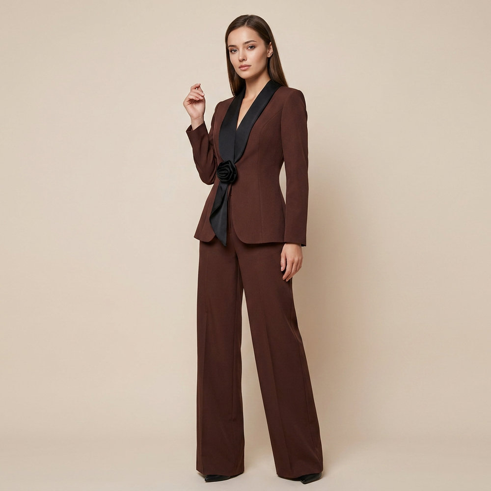 Satin Lapel Blazer and Wide Leg Pants Set for Meetings and Executive Elegance Women-Vyana Collective