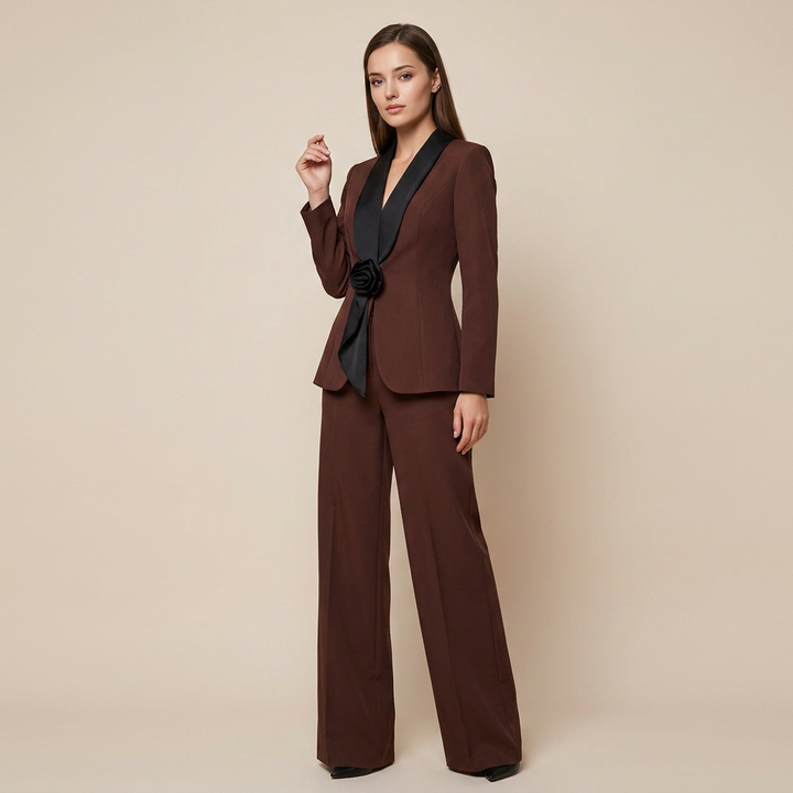 Satin Lapel Blazer and Wide Leg Pants Set for Meetings and Executive Elegance Women-Vyana Collective
